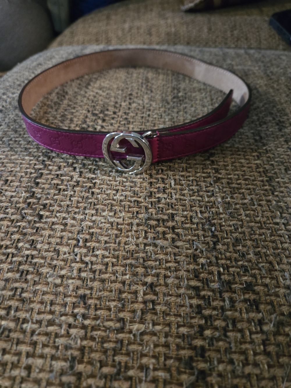Gucci Kids Magenta Signature Leather Belt with Silver Double G Buckle